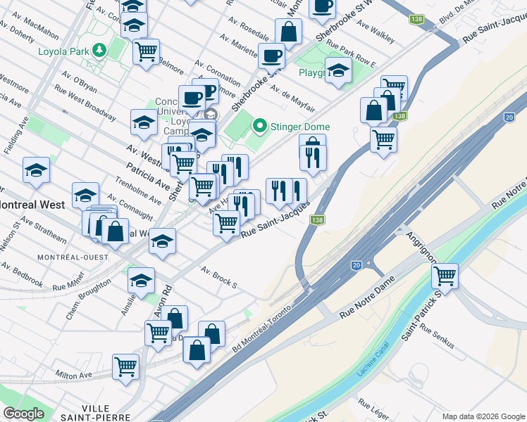 map of restaurants, bars, coffee shops, grocery stores, and more near 2037 Westmore Avenue in Montreal