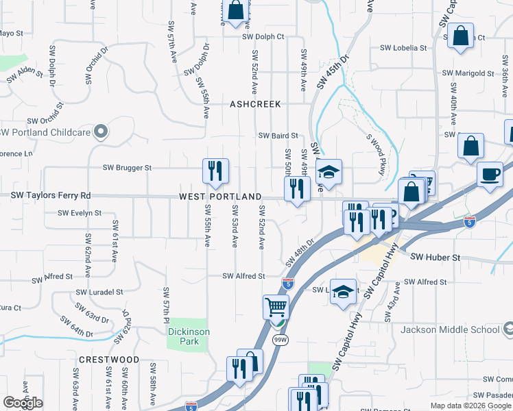 map of restaurants, bars, coffee shops, grocery stores, and more near 5210 Southwest Taylors Ferry Road in Portland