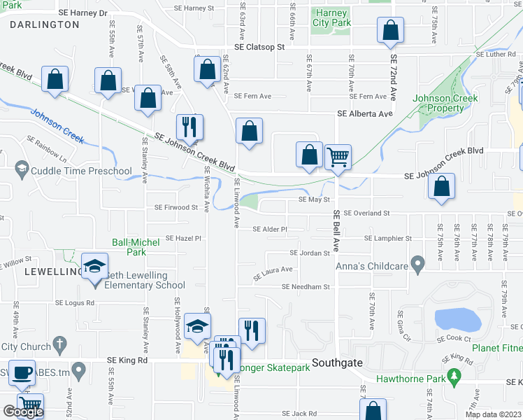 map of restaurants, bars, coffee shops, grocery stores, and more near 6309 Southeast Overland Street in Milwaukie