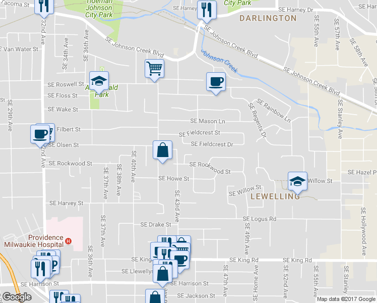 map of restaurants, bars, coffee shops, grocery stores, and more near 9523 Southeast 44th Court in Milwaukie