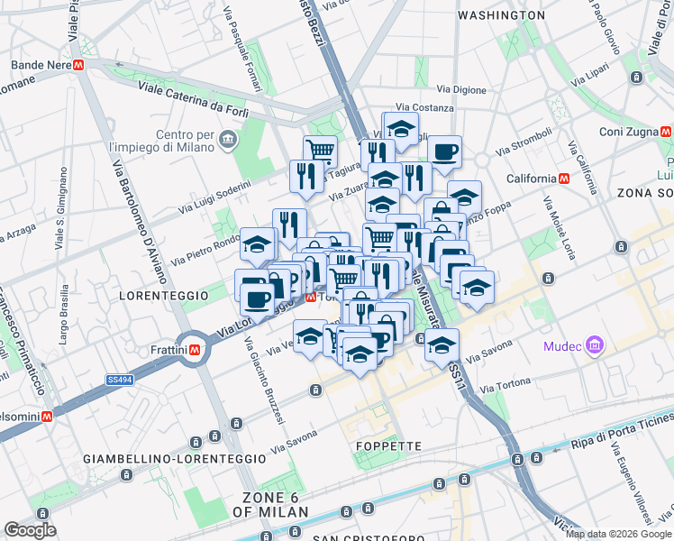 map of restaurants, bars, coffee shops, grocery stores, and more near 64 Via Leone Tolstoi in Milano