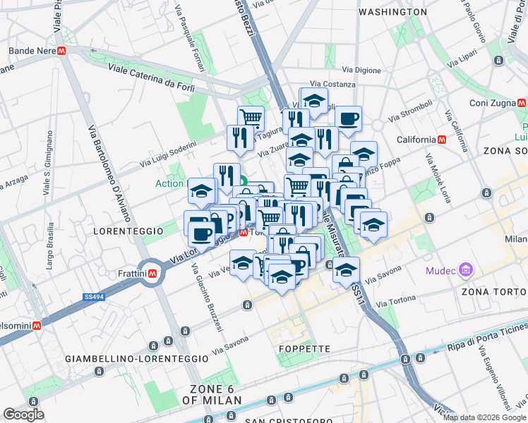 map of restaurants, bars, coffee shops, grocery stores, and more near 64 Via Leone Tolstoi in Milano