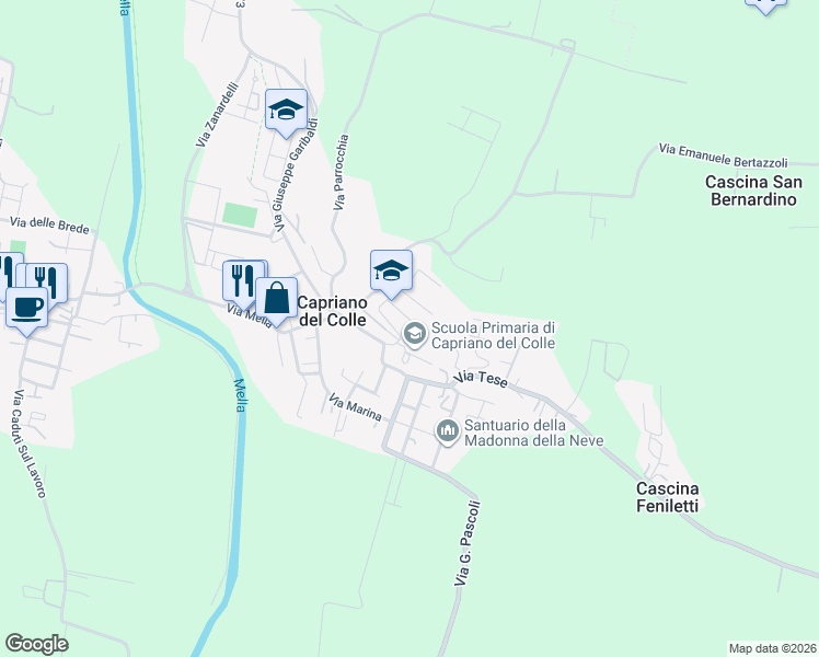 map of restaurants, bars, coffee shops, grocery stores, and more near 18 Via dei Ronchi in Capriano del Colle