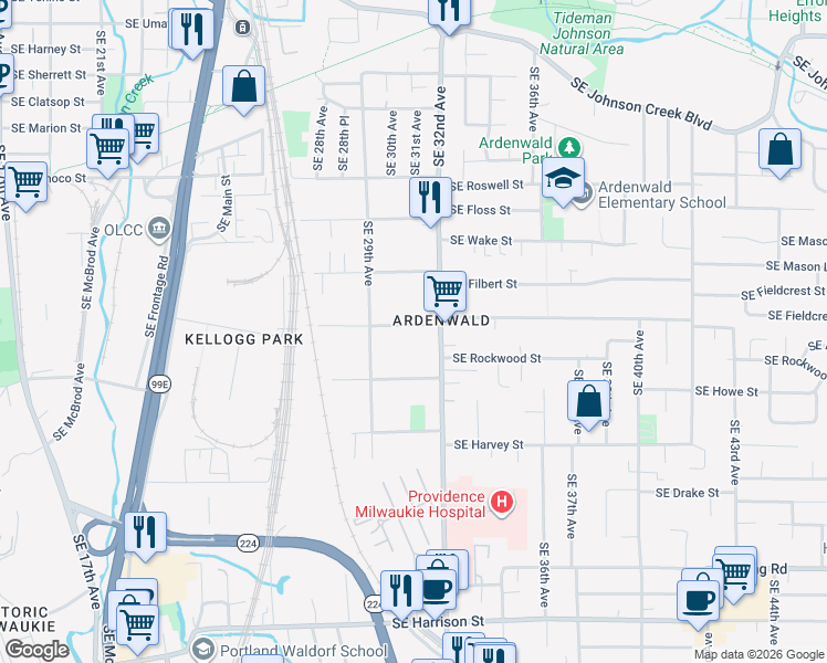 map of restaurants, bars, coffee shops, grocery stores, and more near 3040 Southeast Olsen Street in Milwaukie
