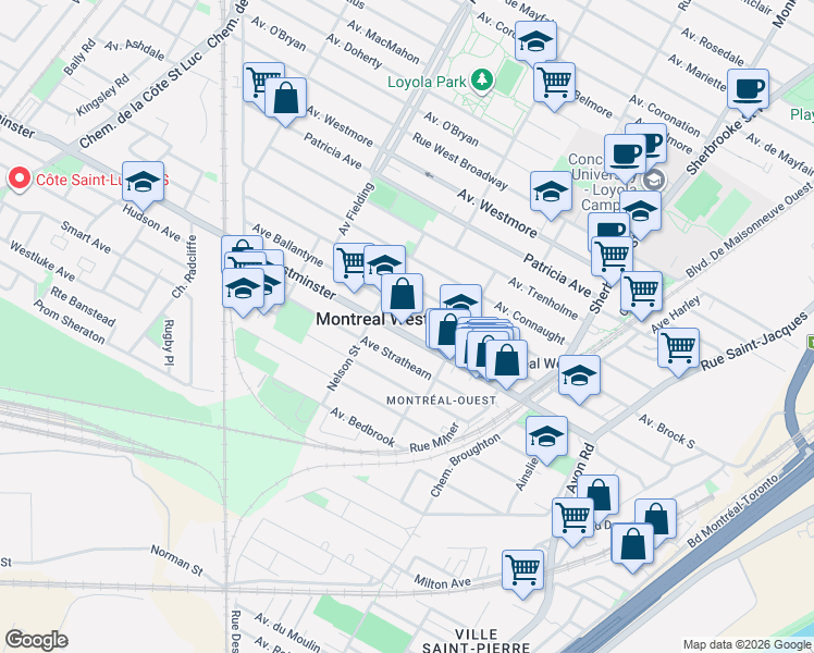 map of restaurants, bars, coffee shops, grocery stores, and more near 137 Avenue Westminster in Montréal-Ouest