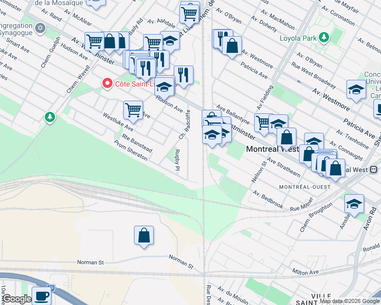 map of restaurants, bars, coffee shops, grocery stores, and more near 50 Croissant Roxton in Montréal-Ouest