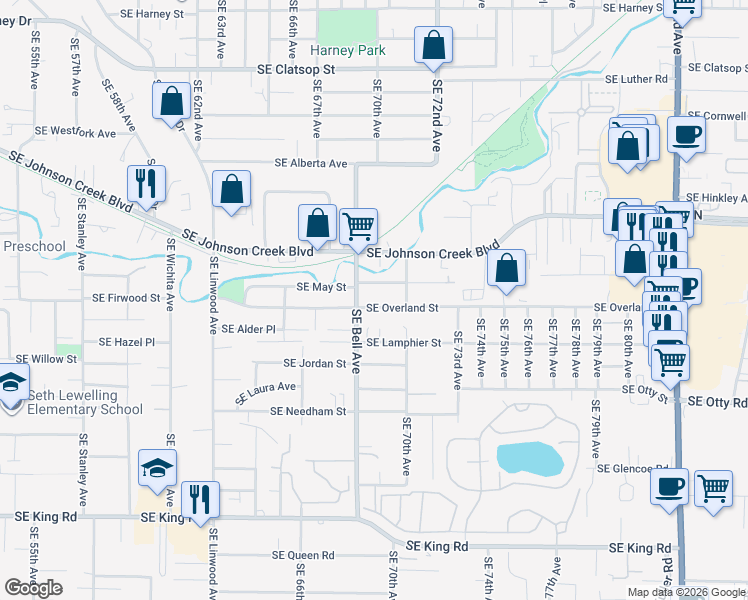 map of restaurants, bars, coffee shops, grocery stores, and more near 6803 Southeast Overland Street in Milwaukie