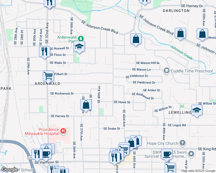 map of restaurants, bars, coffee shops, grocery stores, and more near 9405 Southeast 42nd Avenue in Milwaukie