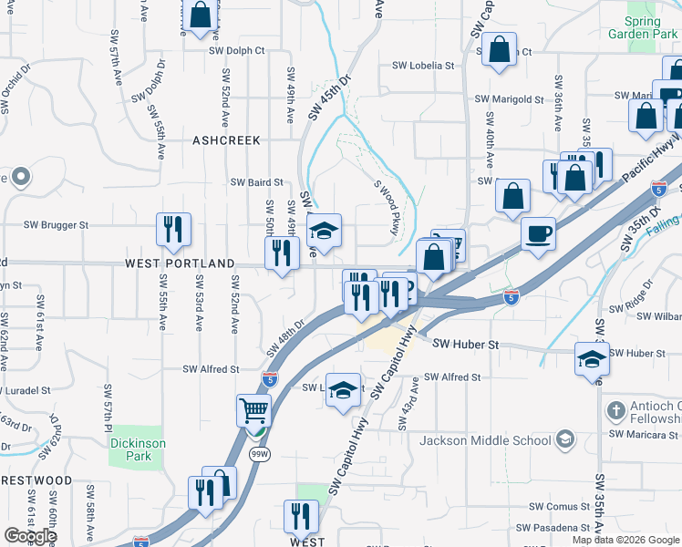 map of restaurants, bars, coffee shops, grocery stores, and more near 4710 Southwest Taylors Ferry Road in Portland