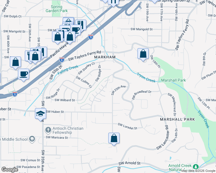 map of restaurants, bars, coffee shops, grocery stores, and more near 9722 Southwest Quail Post Road in Portland