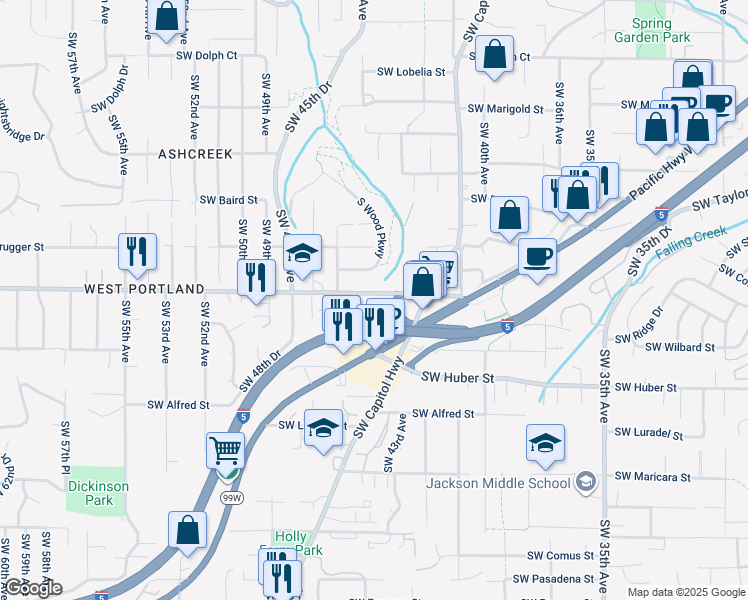 map of restaurants, bars, coffee shops, grocery stores, and more near 4436 Southwest Taylors Ferry Road in Portland
