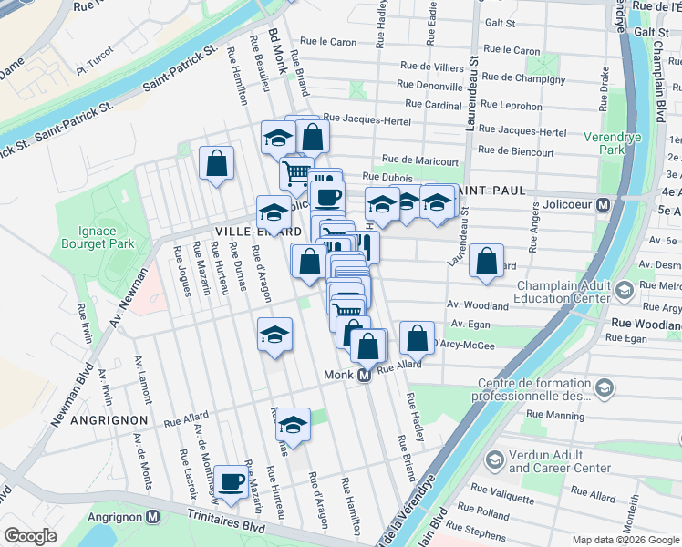 map of restaurants, bars, coffee shops, grocery stores, and more near 6422 Boulevard Monk in Montréal