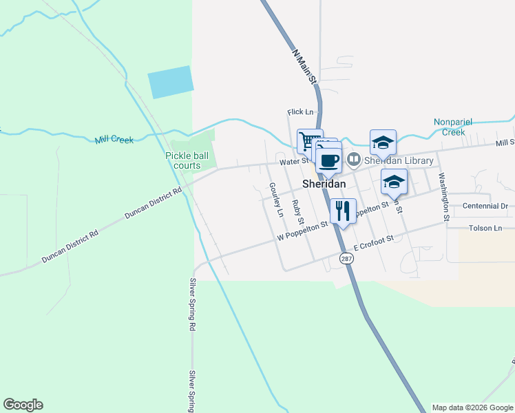 map of restaurants, bars, coffee shops, grocery stores, and more near 399 West Hamilton Street in Sheridan