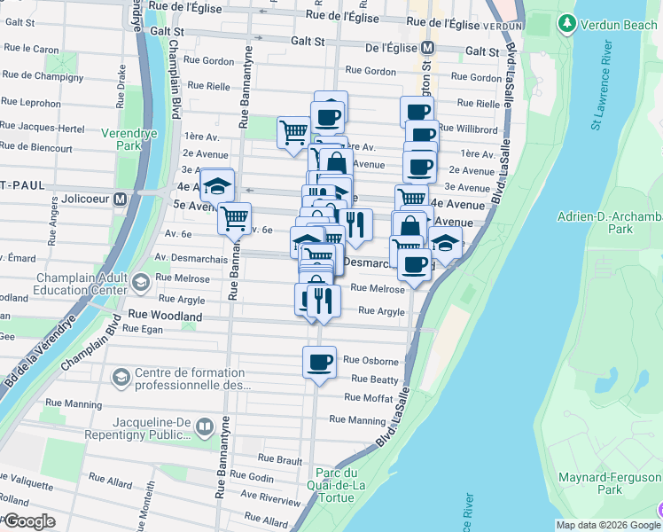 map of restaurants, bars, coffee shops, grocery stores, and more near 5202 Rue de Verdun in Montréal