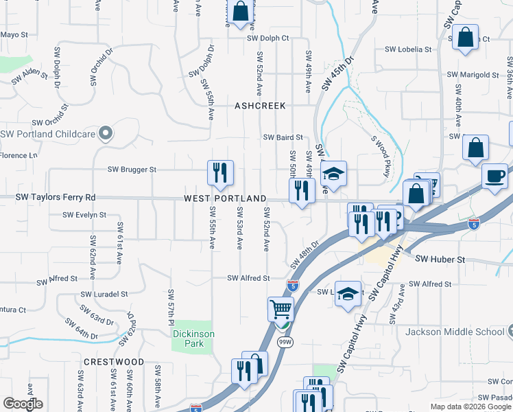 map of restaurants, bars, coffee shops, grocery stores, and more near 5226 Southwest Taylors Ferry Road in Portland