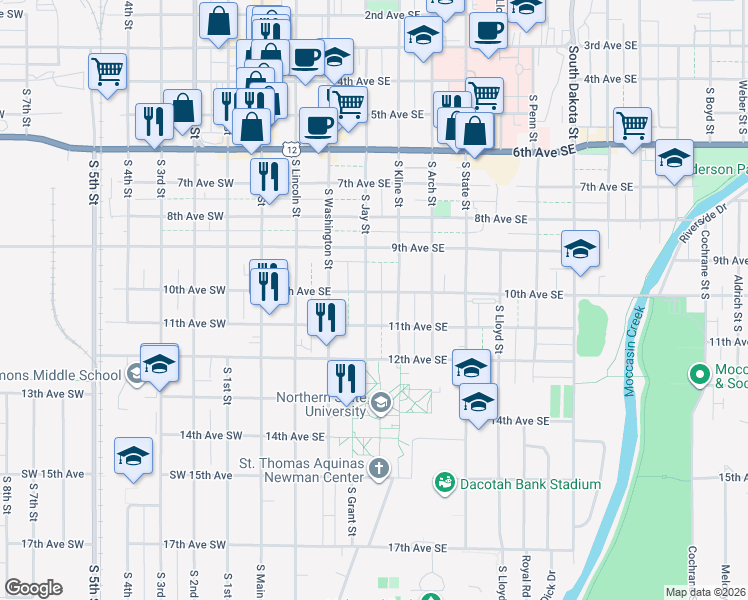map of restaurants, bars, coffee shops, grocery stores, and more near 1003 South Jay Street in Aberdeen