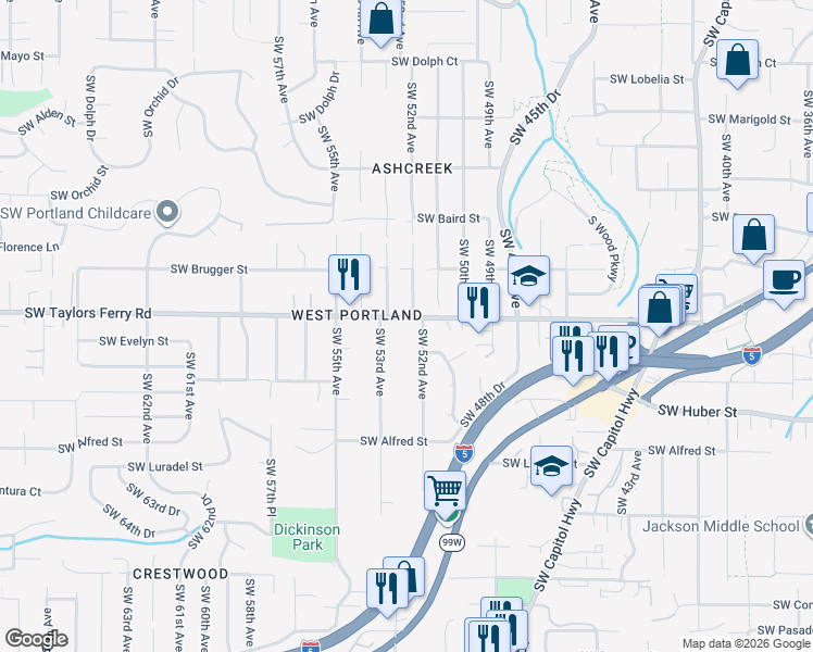 map of restaurants, bars, coffee shops, grocery stores, and more near 5210 Southwest Taylors Ferry Road in Portland