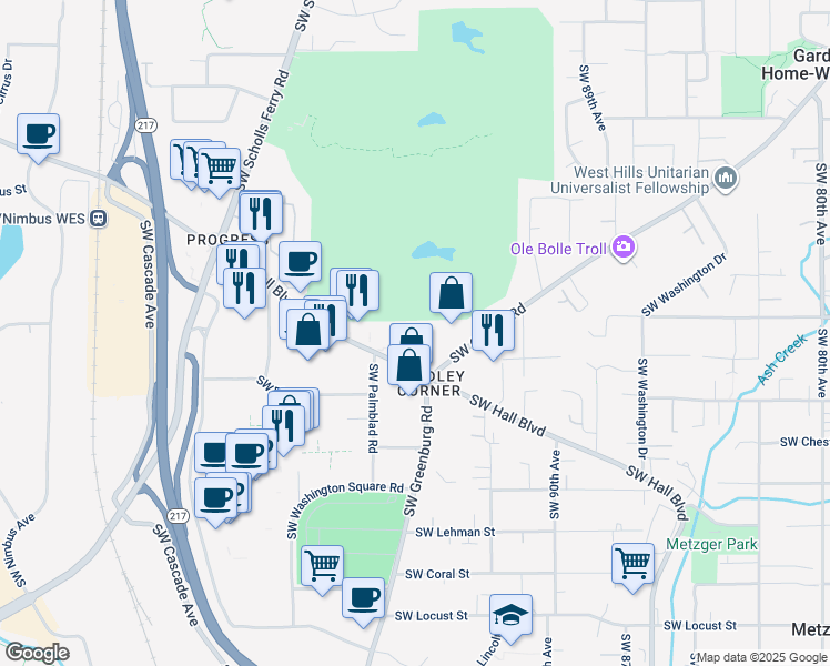 map of restaurants, bars, coffee shops, grocery stores, and more near 9180 Southwest Hall Boulevard in Portland