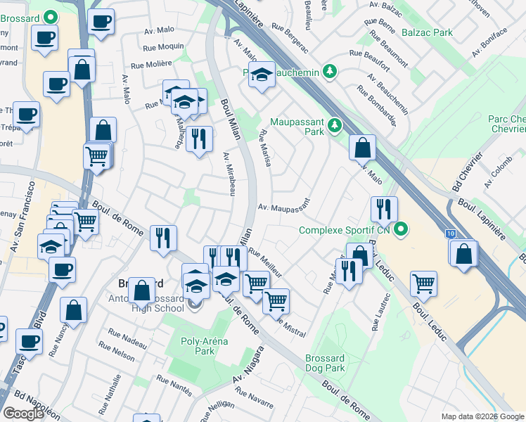 map of restaurants, bars, coffee shops, grocery stores, and more near 4285 Avenue Maupassant in Brossard