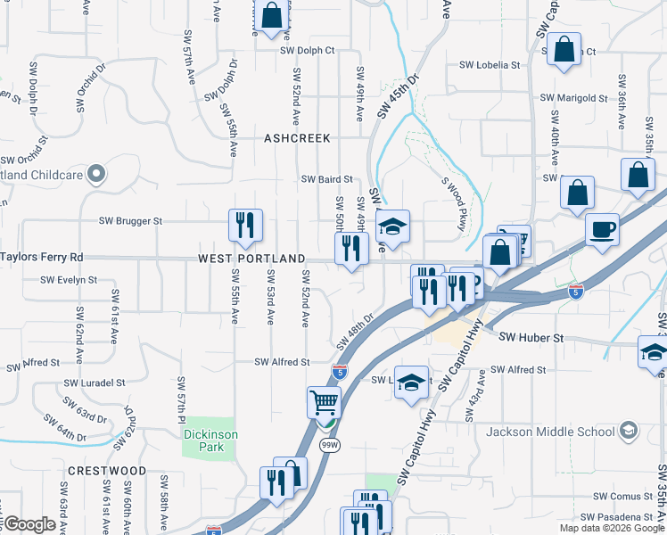 map of restaurants, bars, coffee shops, grocery stores, and more near 5002 Southwest Taylors Ferry Road in Portland