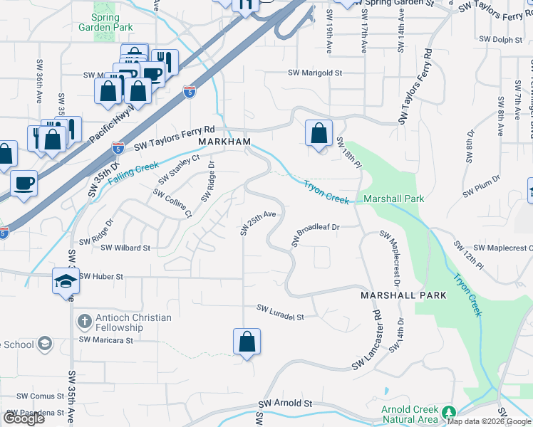 map of restaurants, bars, coffee shops, grocery stores, and more near Southwest 25th Avenue in Portland