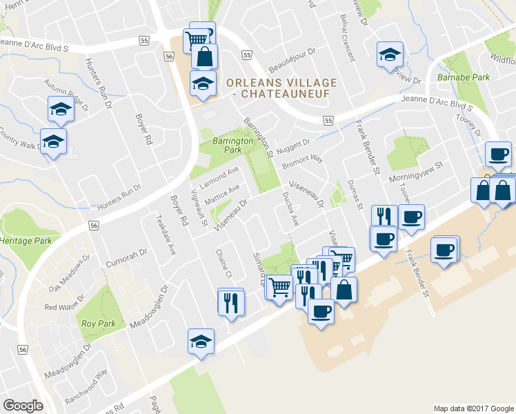 map of restaurants, bars, coffee shops, grocery stores, and more near 1811 Brousseau Crescent in Ottawa