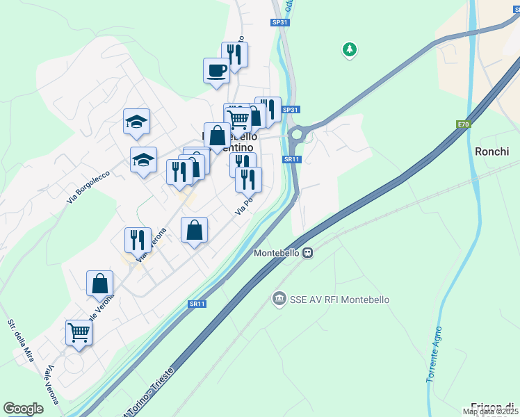 map of restaurants, bars, coffee shops, grocery stores, and more near 251 Via Adige in Montebello Vicentino