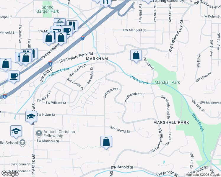 map of restaurants, bars, coffee shops, grocery stores, and more near 9841 Southwest 25th Avenue in Portland