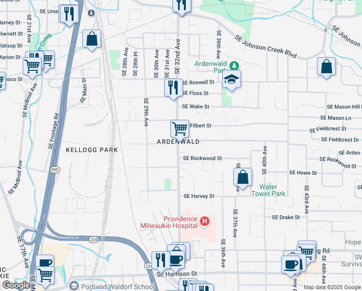 map of restaurants, bars, coffee shops, grocery stores, and more near 9448 Southeast 32nd Avenue in Milwaukie