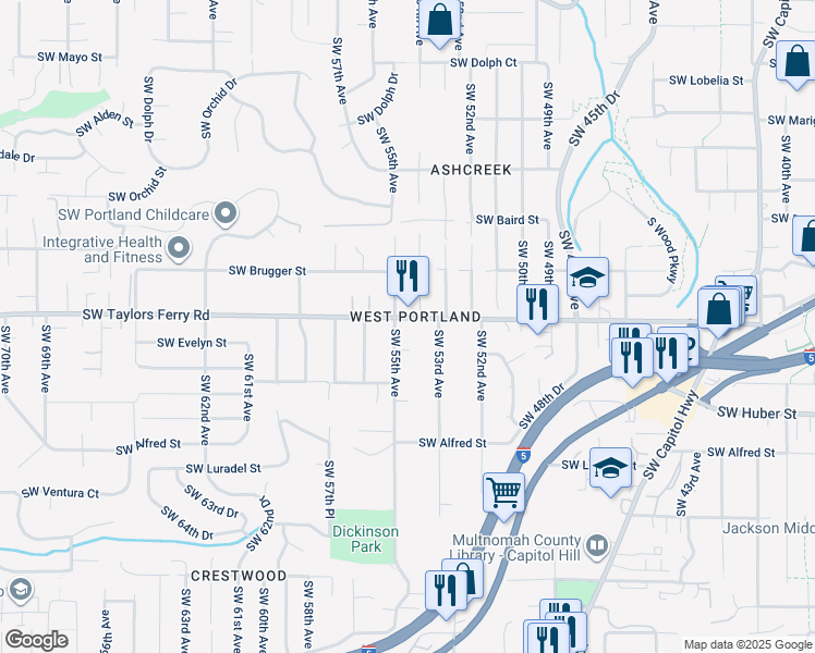 map of restaurants, bars, coffee shops, grocery stores, and more near 5420 Southwest Taylors Ferry Road in Portland