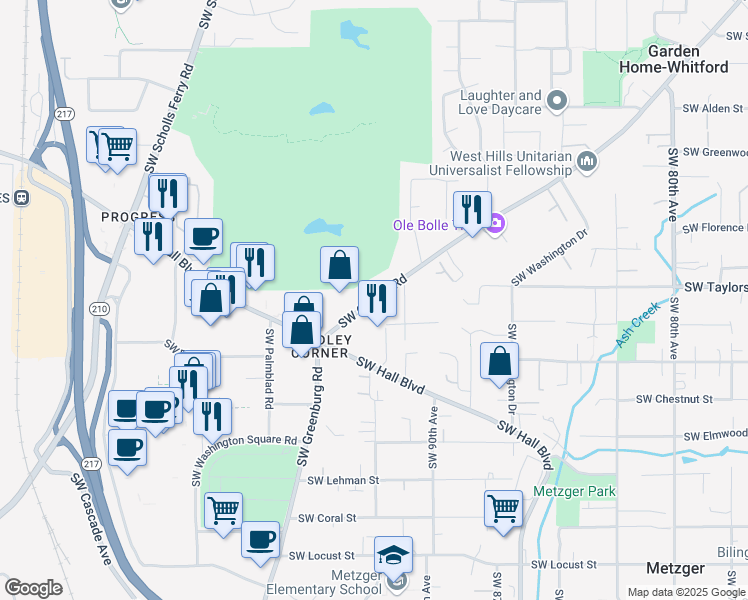 map of restaurants, bars, coffee shops, grocery stores, and more near 9060 Southwest Oleson Road in Portland