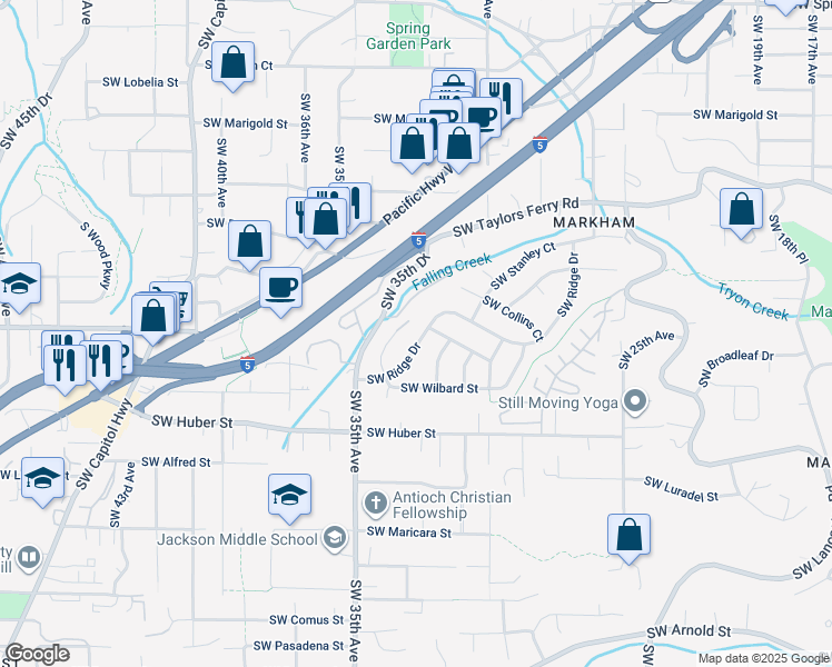 map of restaurants, bars, coffee shops, grocery stores, and more near 3223 Southwest Ridge Drive in Portland
