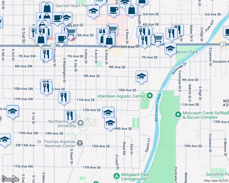 map of restaurants, bars, coffee shops, grocery stores, and more near 612 10th Avenue Southeast in Aberdeen