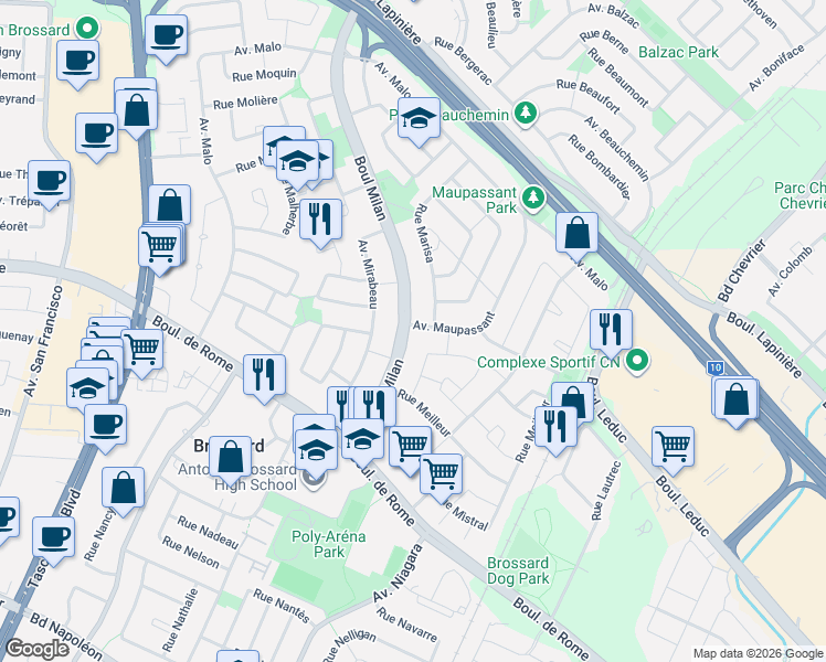 map of restaurants, bars, coffee shops, grocery stores, and more near 7555 Boulevard Milan in Brossard