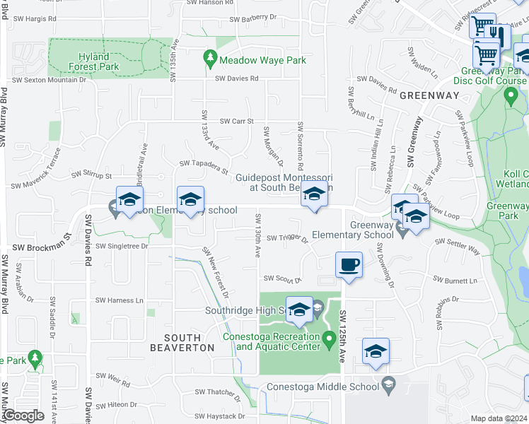 map of restaurants, bars, coffee shops, grocery stores, and more near 9020 Southwest 130th Avenue in Beaverton