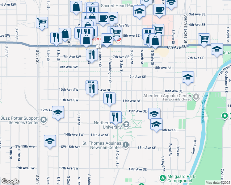 map of restaurants, bars, coffee shops, grocery stores, and more near 216 10th Avenue Southeast in Aberdeen