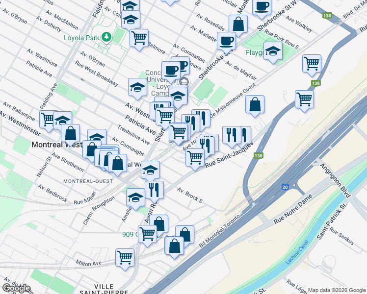 map of restaurants, bars, coffee shops, grocery stores, and more near 7419 Avenue Harley in Montreal