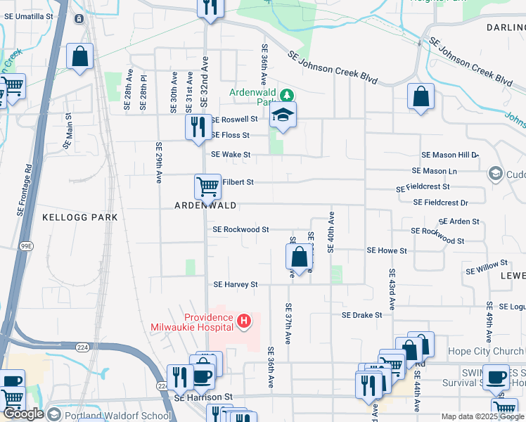 map of restaurants, bars, coffee shops, grocery stores, and more near 3526 Southeast Olsen Street in Milwaukie