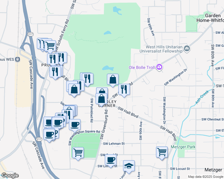 map of restaurants, bars, coffee shops, grocery stores, and more near 9115 Southwest Oleson Road in Portland