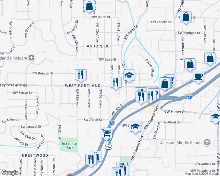 map of restaurants, bars, coffee shops, grocery stores, and more near 5008 Southwest Taylors Ferry Road in Portland