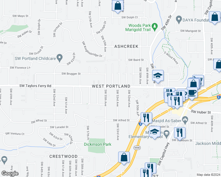 map of restaurants, bars, coffee shops, grocery stores, and more near 5406 Southwest Taylors Ferry Road in Portland
