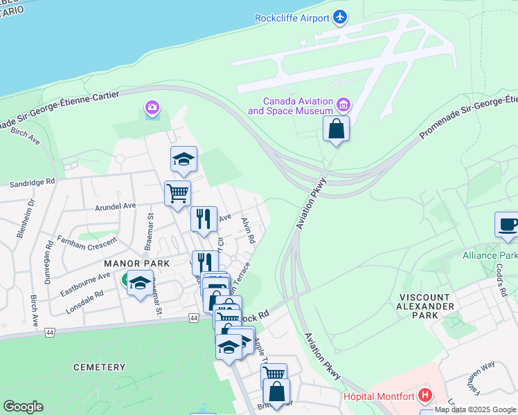 map of restaurants, bars, coffee shops, grocery stores, and more near 1164 Blasdell Avenue in Ottawa