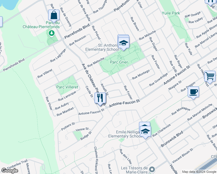 map of restaurants, bars, coffee shops, grocery stores, and more near 18086 Rue Dumais in Montréal