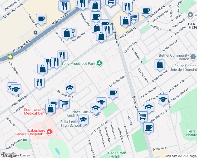 map of restaurants, bars, coffee shops, grocery stores, and more near 177 Avenue Mason in Pointe-Claire