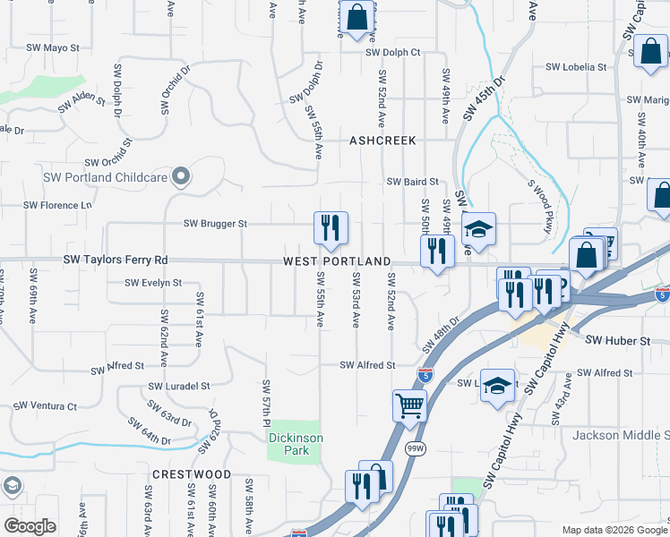 map of restaurants, bars, coffee shops, grocery stores, and more near 5420 Southwest Taylors Ferry Road in Portland