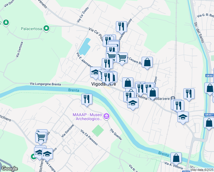 map of restaurants, bars, coffee shops, grocery stores, and more near 131 Via Roma in Vigodarzere