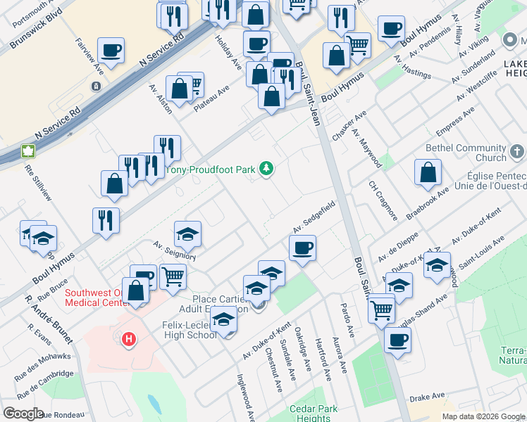 map of restaurants, bars, coffee shops, grocery stores, and more near 177 Avenue Mason in Pointe-Claire