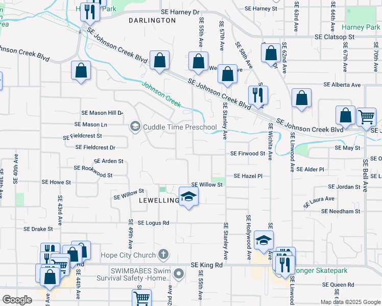 map of restaurants, bars, coffee shops, grocery stores, and more near 5410 Southeast Firwood Street in Milwaukie