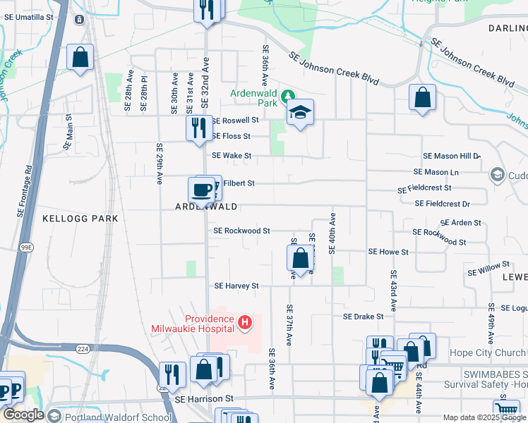 map of restaurants, bars, coffee shops, grocery stores, and more near 3526 Southeast Olsen Street in Milwaukie