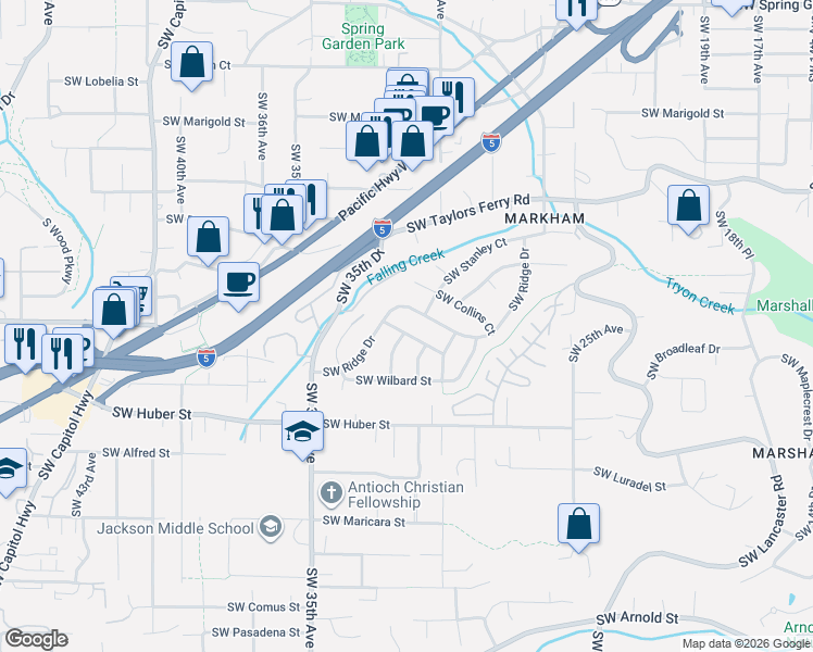 map of restaurants, bars, coffee shops, grocery stores, and more near 3121 Southwest Evelyn Street in Portland
